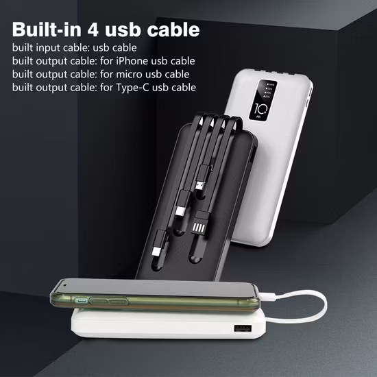 고속 충전 10000mAh 보조베터리 충전기, 마이크로 USB/Type-C/조명/USB 4 in 1 케이블 내장, 휴대용 모바일 보조베터리